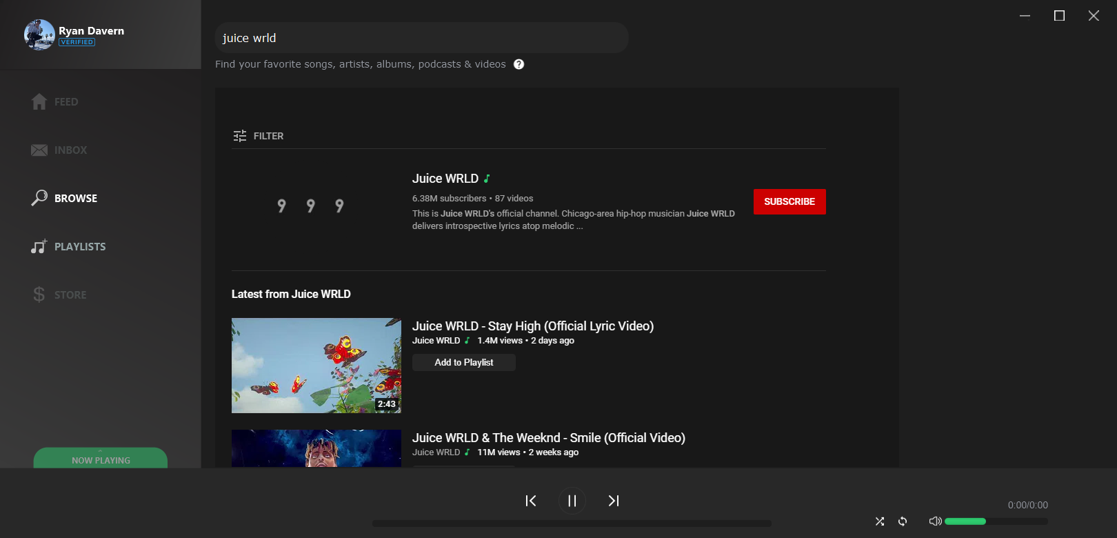 Browse Page lets you search for music, import playlists & view artists.